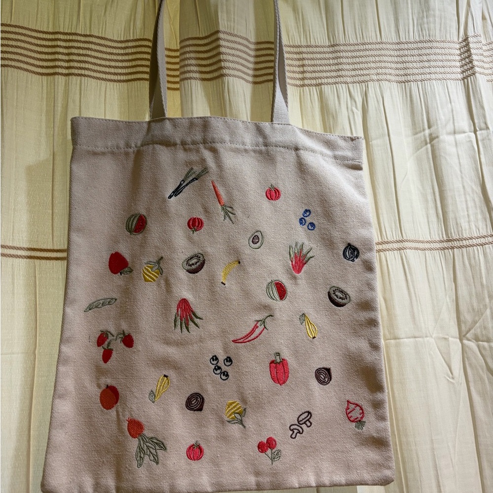Beige Canvas Tote Bag with Colorful Fruit & Veg Embroidery